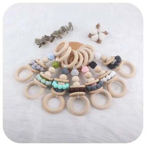 Baby Natural Wood Silicone Teether Rattle Toy Natural Beechwood Ring Geometric Silicone Beads Infant Molar Sensory Toy For Infants