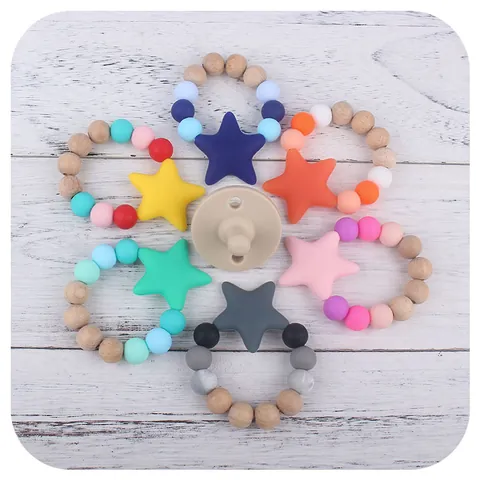 Baby Silicone Beech Wood Star Teether Ring Food Grade BPA Free Soothing Molar Toy For Infants Sensory Development Grasp Toy