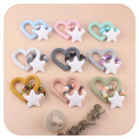 Baby Silicone Teether Toy Heart Star Shaped Macaron Color BPA Free Food Grade Soothing Grasping Beads Ring For Infants Teething