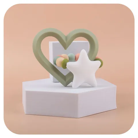 Baby Silicone Teether Toy Heart Star Shaped Macaron Color BPA Free Food Grade Soothing Grasping Beads Ring For Infants Teething