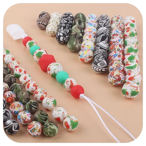 Cuentas de Silicona Impresas de Navidad para Chupeteros DIY Joyas de Dentición Papá Noel Árbol de Navidad Cuentas de Silicona
