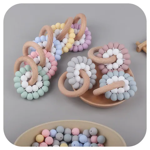 Baby Beech Wood Ring Silicone Bead Teether Toy Food Grade Silicone Molar Ring Soothing Sensory Toy For Exercise Gums Infant Jewelry