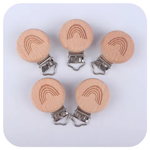 Sujetachupetes de Madera de Haya con Arcoíris de Dibujos Animados Accesorios DIY Cadena Dentición Clip Metálico Bebés Niños Niñas