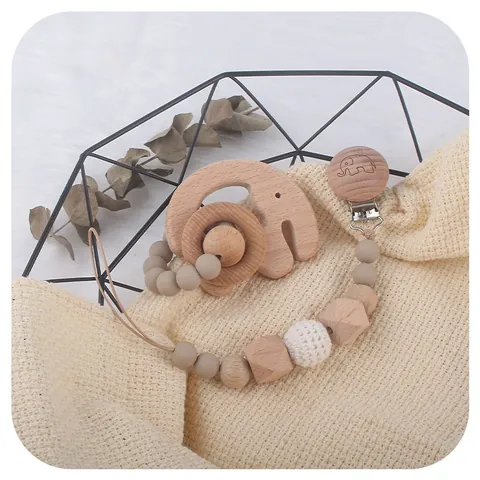 Baby Pacifier Clip And Elephant Wood Teether Silicone Beech Wood Beads Infant Molar Toy Nordic Style Baby Shower Gift