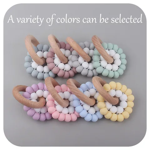Baby Beech Wood Ring Silicone Bead Teether Toy Food Grade Silicone Molar Ring Soothing Sensory Toy For Exercise Gums Infant Jewelry