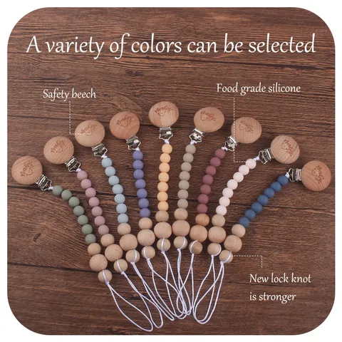 Baby Pacifier Clip Natural Beech Wood Silicone Beads Anti-Drop Chain Smile Face Teether Holder Infant Newborn Baby Gift