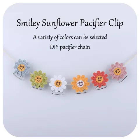 Handgefertigter Häkel Sonnenblumen Schnullerclip Zubehör DIY Smiley Gesicht Blume Baby Schnullerkette Anti-Drop Metallclip