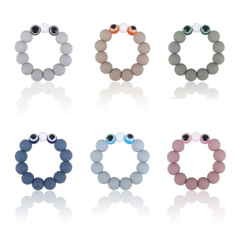 Baby Silicone Teether Bead Bracelet Cartoon Eye Soothing Gums Grasping Toy For Infants BPA Free Morandi Color Molar Ring