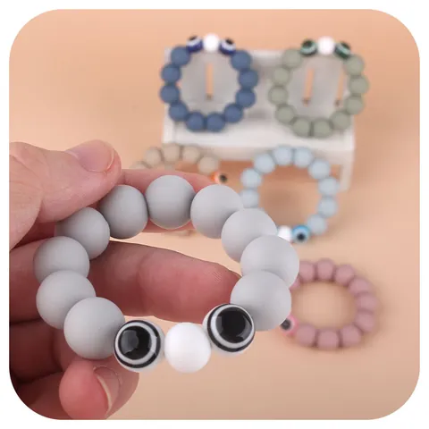 Baby Silicone Teether Bead Bracelet Cartoon Eye Soothing Gums Grasping Toy For Infants BPA Free Morandi Color Molar Ring
