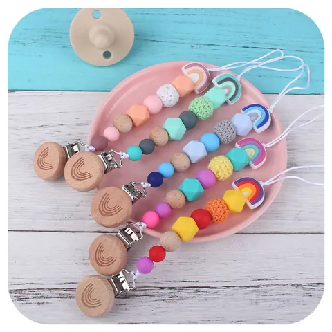 Rainbow Baby Pacifier Clip Silicone Beads Beech Wood Holder Infant Teething Toy Braided Nipple Soother Strap Anti-Drop Chain
