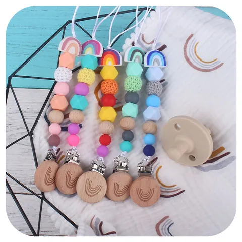 Rainbow Baby Pacifier Clip Silicone Beads Beech Wood Holder Infant Teething Toy Braided Nipple Soother Strap Anti-Drop Chain