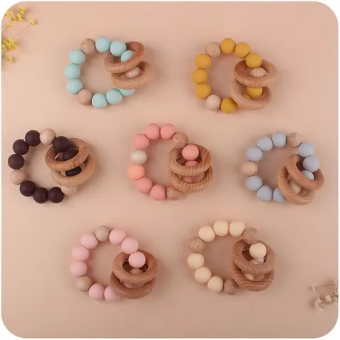 Baby Teether Toy Beech Wood Food Grade Silicone Beads Newborn Molar Grip Rattle Sensory Developmental Bracelet Toy