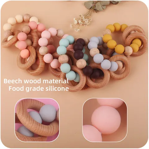 Baby Teether Toy Beech Wood Food Grade Silicone Beads Newborn Molar Grip Rattle Sensory Developmental Bracelet Toy