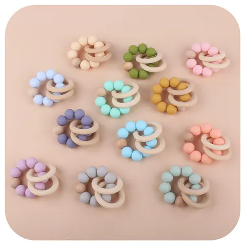 Baby Beech Wood Silicone Teether Bracelet Rattle Toy Food Grade Beads Montessori Sensory Grasping Toy For Infants Toddlers