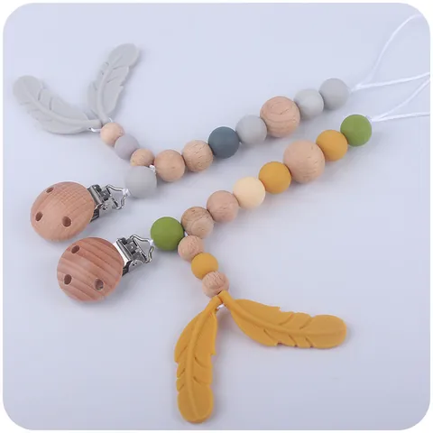 Baby Pacifier Clip Beech Wood Silicone Feather Teether Chain Leash For Infants Toddlers Teething Accessory Safety Strap