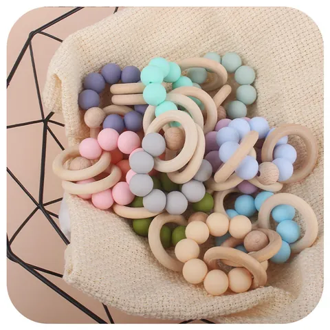 Baby Beech Wood Silicone Teether Bracelet Rattle Toy Food Grade Beads Montessori Sensory Grasping Toy For Infants Toddlers