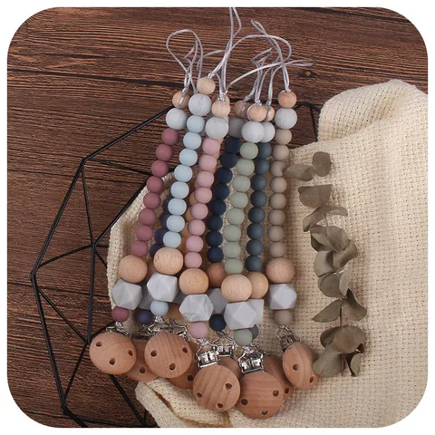 Beech Wood Food Grade Silicone Beaded Baby Pacifier Clip Handmade Binky Holder Teething Chain For Infant Boys Girls