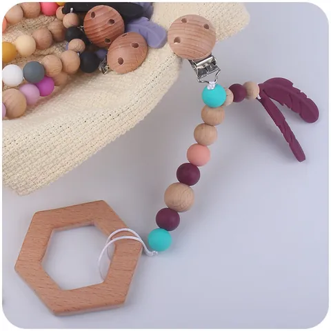 Baby Pacifier Clip Beech Wood Silicone Feather Teether Chain Leash For Infants Toddlers Teething Accessory Safety Strap