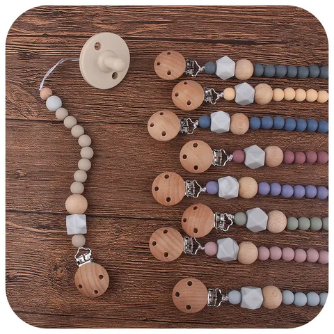Beech Wood Food Grade Silicone Beaded Baby Pacifier Clip Handmade Binky Holder Teething Chain For Infant Boys Girls