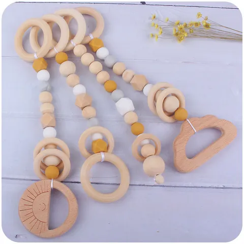Baby Teething Toys Beech Wood Silicone Beads Pacifier Chain Gym Pendants Natural Wood Teether Soothing Toy Newborn Gift