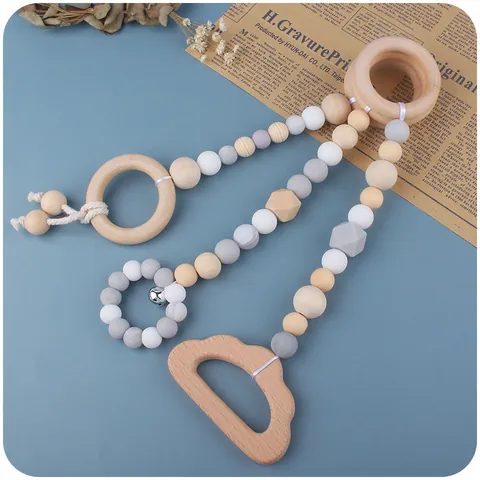 Colección Triple Juguetes Dentición Bebé Cuentas Silicona Madera Haya Anillos Gimnasio Juguetes Sensoriales Colgantes Campana Animales