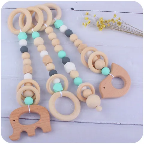 Baby Teething Toys Beech Wood Silicone Beads Pacifier Chain Gym Pendants Natural Wood Teether Soothing Toy Newborn Gift