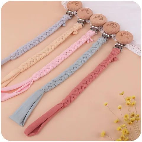 Handmade Braided Cotton Baby Pacifier Clip Rainbow Beech Wood Infant Soothing Holder Chain Pacifier Leak-Proof Strap