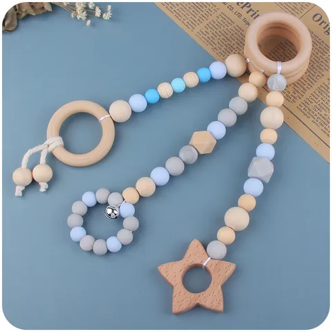Colección Triple Juguetes Dentición Bebé Cuentas Silicona Madera Haya Anillos Gimnasio Juguetes Sensoriales Colgantes Campana Animales