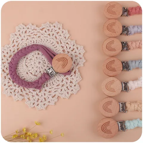 Handmade Braided Cotton Baby Pacifier Clip Rainbow Beech Wood Infant Soothing Holder Chain Pacifier Leak-Proof Strap