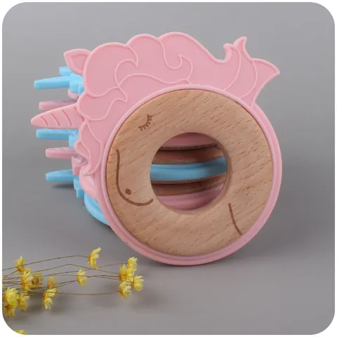 Baby Unicorn Silicone Teether With Beech Wood Ring Cartoon Animal Infant Molar Toy Soothing Teething Ring For Toddlers