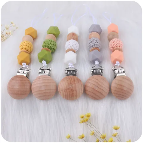 Baby Pacifier Clip Beech Wood Silicone Hexagon Beads Crochet Beads Holder Chain For Infant Teething Relief Nordic Style