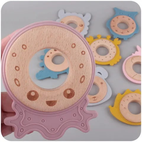 Cartoon Animal Silicone Baby Teether Natural Beech Wood Ring BPA Free Infant Teething Toy For Newborn Grasping Training