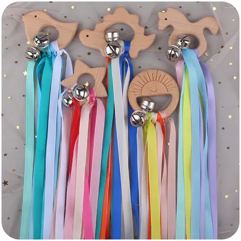 Infant Beech Wood Teether Rattle Toy Cartoon Animal Wooden Ring Hand Bell With Colorful Satin Ribbons And Metal Bells For Baby Sensory Development