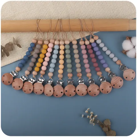 Baby Silicone Beads Beech Wood Pacifier Clip Soother Chain Anti-Drop Teether Toy Holder For Infant Toddler Morandi Colors