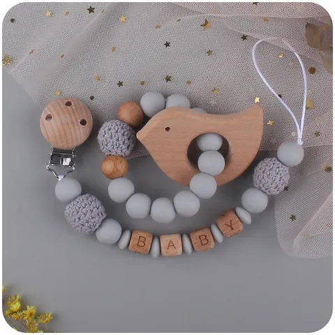 Baby Teether Silicone Beech Wood Pacifier Clip Chain Crochet Beads Cartoon Animal Teething Toy For Toddlers DIY Letter Beads Teether Accessory