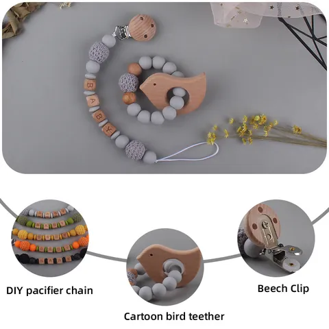 Baby Teether Silicone Beech Wood Pacifier Clip Chain Crochet Beads Cartoon Animal Teething Toy For Toddlers DIY Letter Beads Teether Accessory