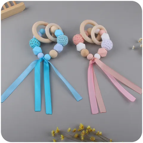 Infant Ribbon Teether Bracelet With Beech Wood Silicone Beads Crochet Beads Sensory Molar Toy For Babies BPA Free Teething Relief