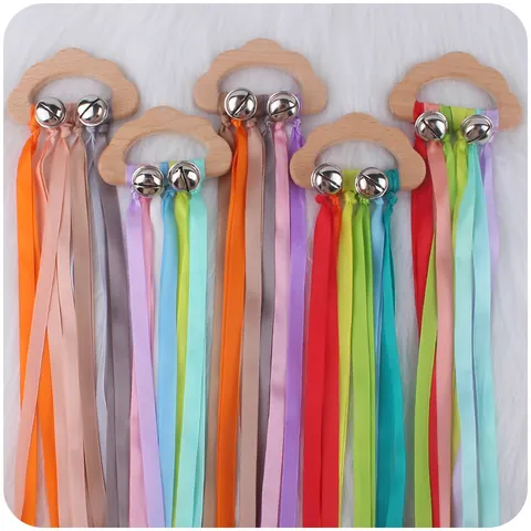 Baby Wooden Cloud Teether Beech Wood Sensory Ribbon Rattle Toy For Infants Newborn Montessori Colorful Satin Ribbon Rattle With Bells
