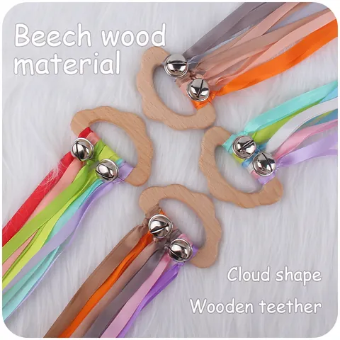Baby Wooden Cloud Teether Beech Wood Sensory Ribbon Rattle Toy For Infants Newborn Montessori Colorful Satin Ribbon Rattle With Bells