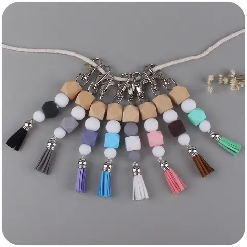 Llavero de Borla con Cuentas de Madera y Silicona Boho para Mujer Colgante de Bolso Anillo de Llave con Cuentas Geométricas Regalo Decorativo