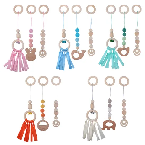 Beech Wood Baby Play Gym Toys Set Crochet Beads Animal Teether Rattles For Newborn Montessori Sensory Soothing Hanging Toys
