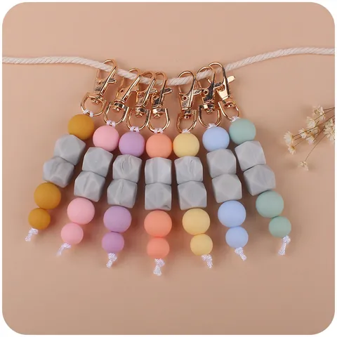 DIY Silicone Bead Keychain With Marble Geometric Octagonal Beads Gold Lobster Clasp Bag Charm For Women Keys Decoration
