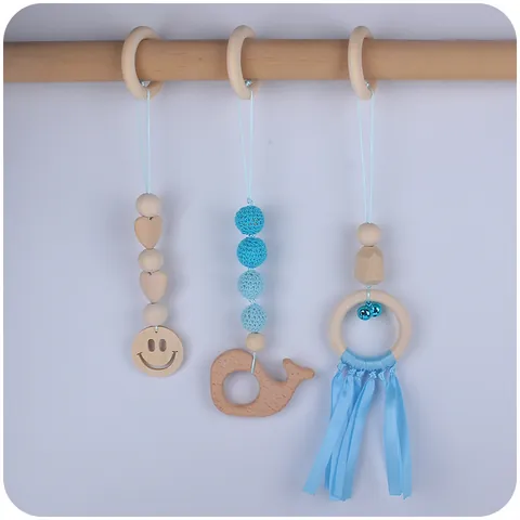 Beech Wood Baby Play Gym Toys Set Crochet Beads Animal Teether Rattles For Newborn Montessori Sensory Soothing Hanging Toys