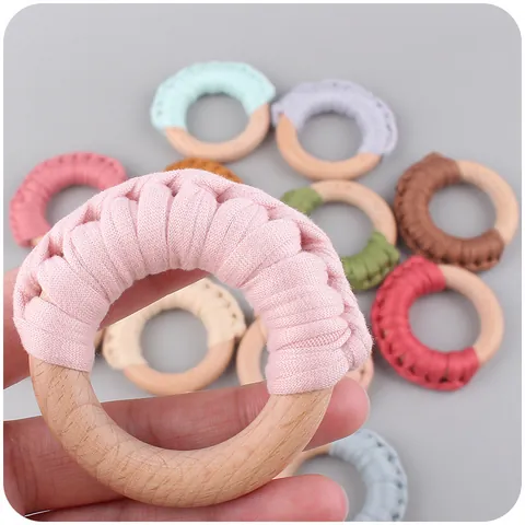 Handmade Baby Beech Wood Teether Ring Crochet Cotton Weaving Sensory Toy Natural Wooden Grasping Ring For Infants Newborn Gift