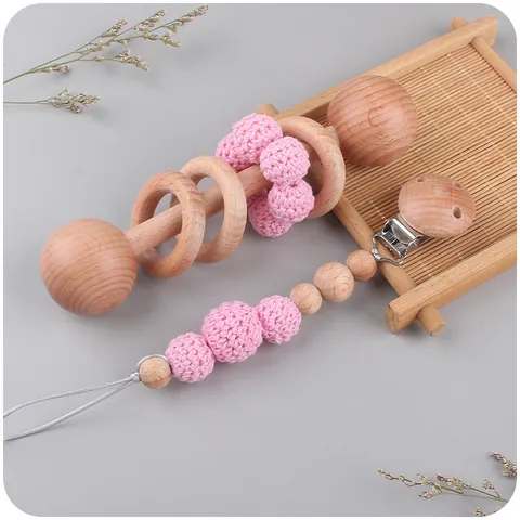 Beech Wood Baby Rattle and Pacifier Clip Chain Handmade Crochet Beads Infant Teething Toy for Newborn Toddler Soothing