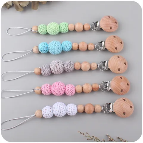 Beech Wood Baby Rattle and Pacifier Clip Chain Handmade Crochet Beads Infant Teething Toy for Newborn Toddler Soothing