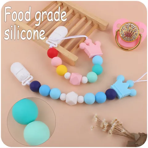 Crown Baby Pacifier And Silicone Bead Clip Set Luxurious Rhinestone Bling Soother For Infants Newborns Safe Teething Accessory