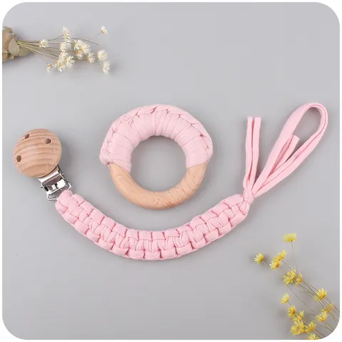 Attache-tétine Bébé en Bois de Hêtre Et Anneau de Dentition Tressé en Coton Jouet Apaisant pour Soins Quotidiens du Nouveau-né