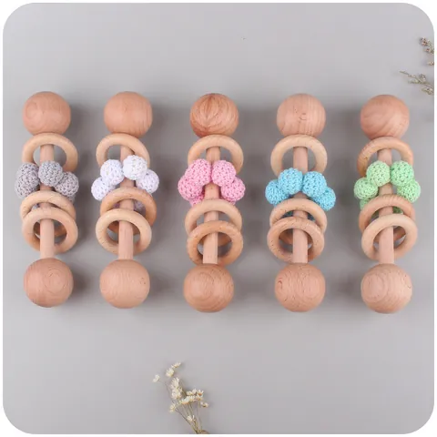 Beech Wood Baby Rattle Teether With Crochet Cotton Beads Nordic Style Newborn Grasping Sensory Toy For Infant Teething Relief