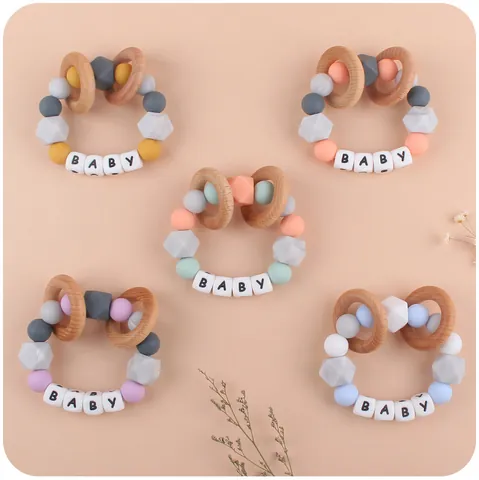 Silicone Beech Wood Baby Teether Bracelet With Letter Beads Montessori Sensory Grasping Toy For Infants BPA Free Wood Rattle Ring